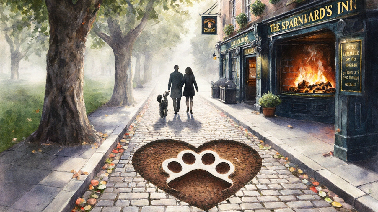 Dog&#039;s paw print morphing into a heart along a path to a historic pub with firelight glow.