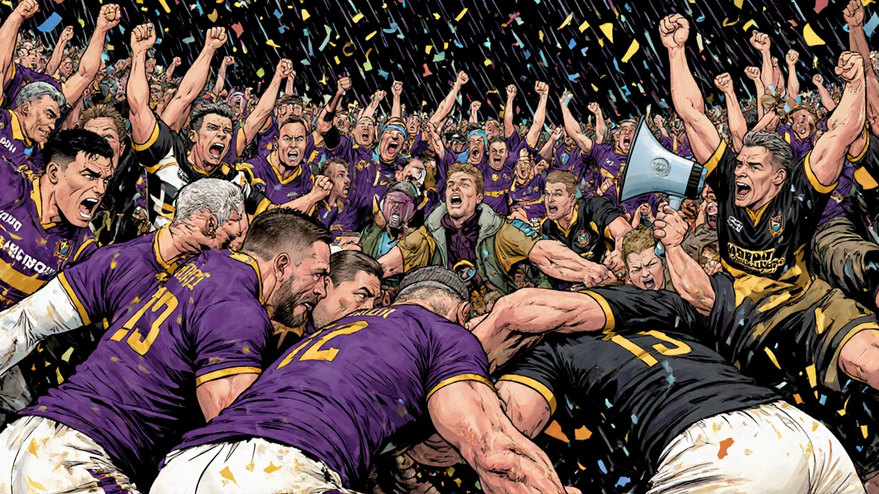 Dramatic rugby scrum at The Stoop with Harlequins and Saracens players, fans cheering in steep terraces.