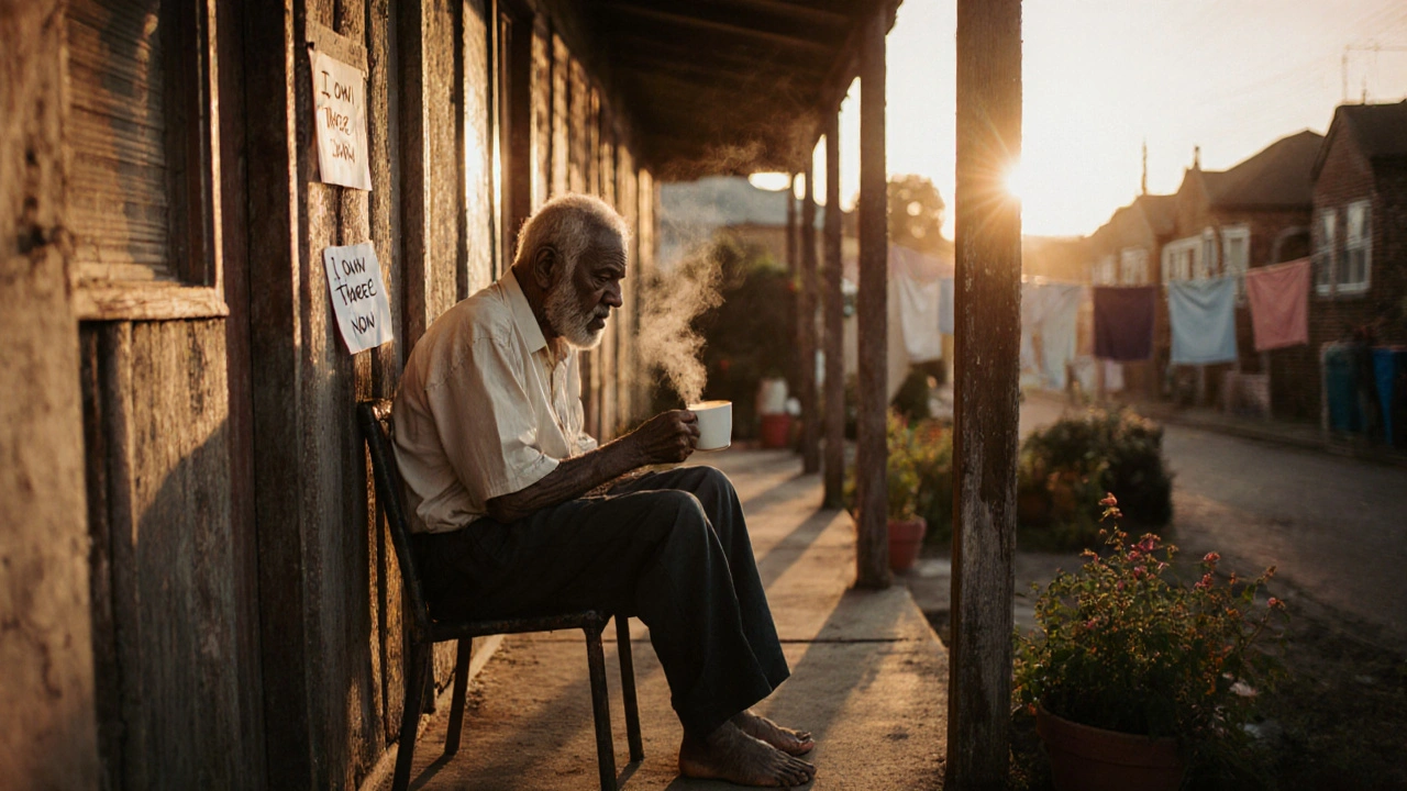 Elderly Jamaican man on his porch in Croydon, holding tea, natural light streaming through wooden slats.