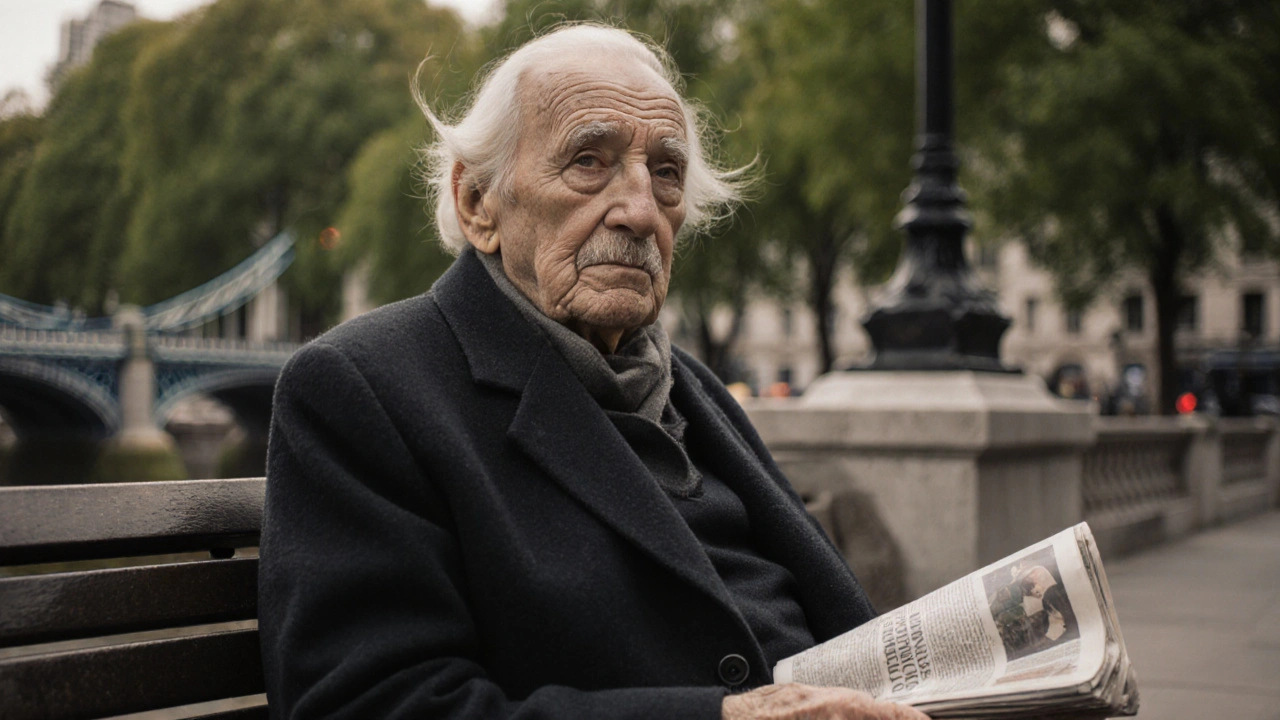Elderly Londoner on a bench near Tower Bridge, portrait with soft background blur and warm light.