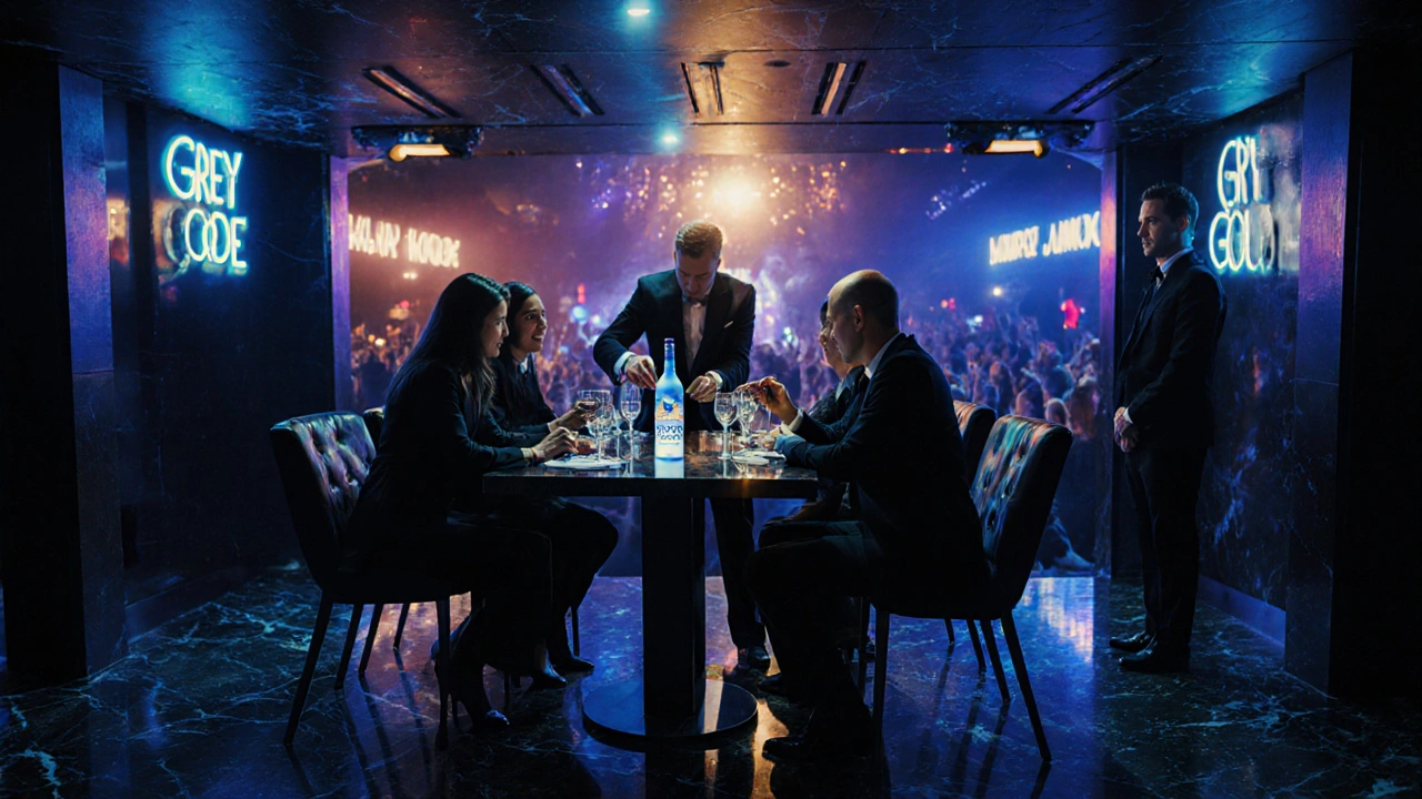 Elegantly dressed guests at a raised VIP table with a server pouring drinks, overlooking a nightclub dance floor.