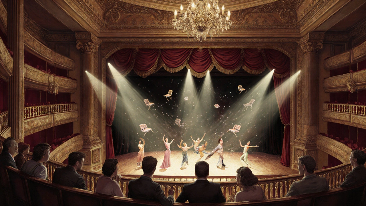 Elevated Royal Circle view of a musical stage with flying chairs and vibrant lighting effects.