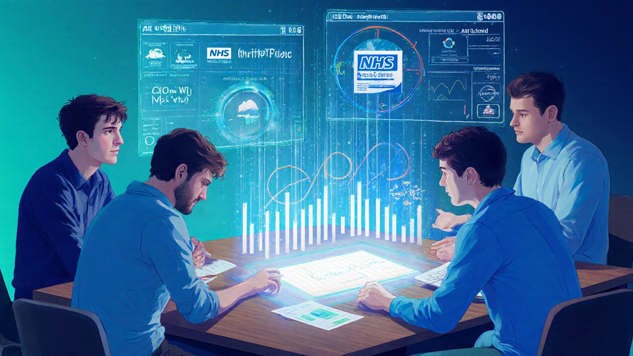 Engineers analyzing live AI training data with public datasets visualized in translucent layers at a tech summit.