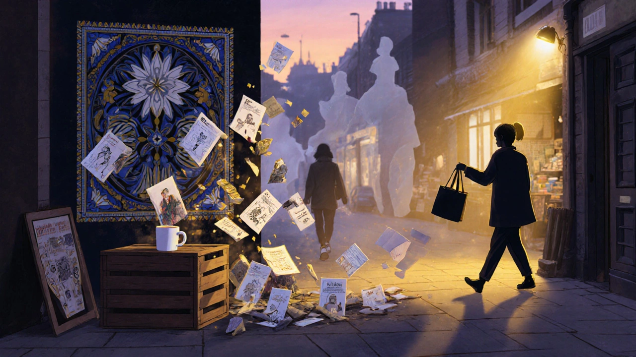 Fading street art dissolves into floating fragments, symbolizing temporary art and lasting memories in London.