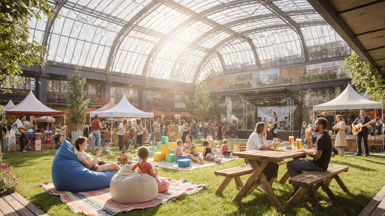 Families relaxing at Boxpark Croydon on a sunny day with food stalls, children playing, and a live acoustic performer nearby.