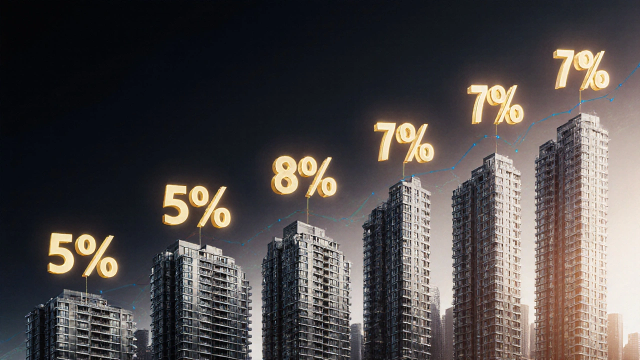 Financial graph transforming into London student housing towers with glowing yield percentages.
