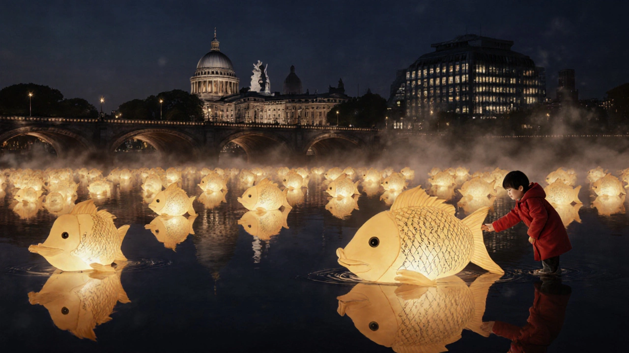 Five hundred glowing carp lanterns float on the Thames at night, each carrying a child&#039;s wish, reflected in the water.