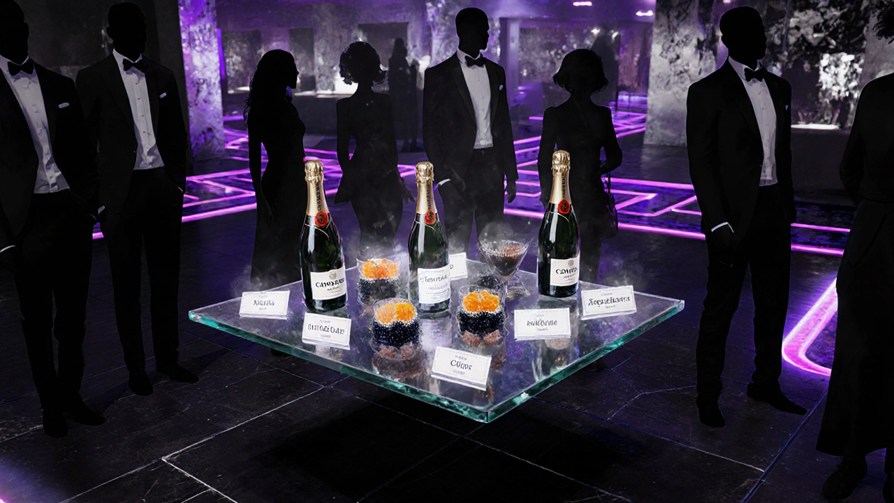 Floating luxury table with champagne bottles and caviar above a dark dance floor, surrounded by elegant silhouettes and glowing pathways.