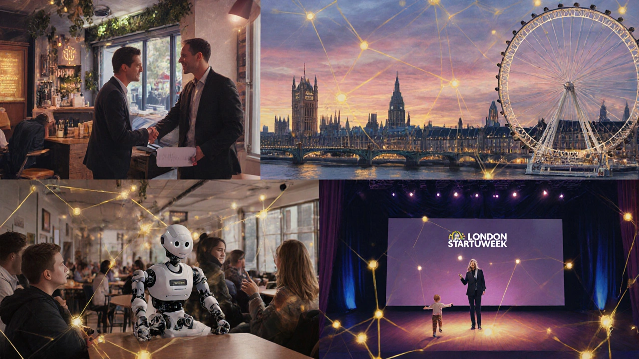 Founders connecting across London venues during Startup Week, with a parent presenting and a child nearby under glowing city lights.