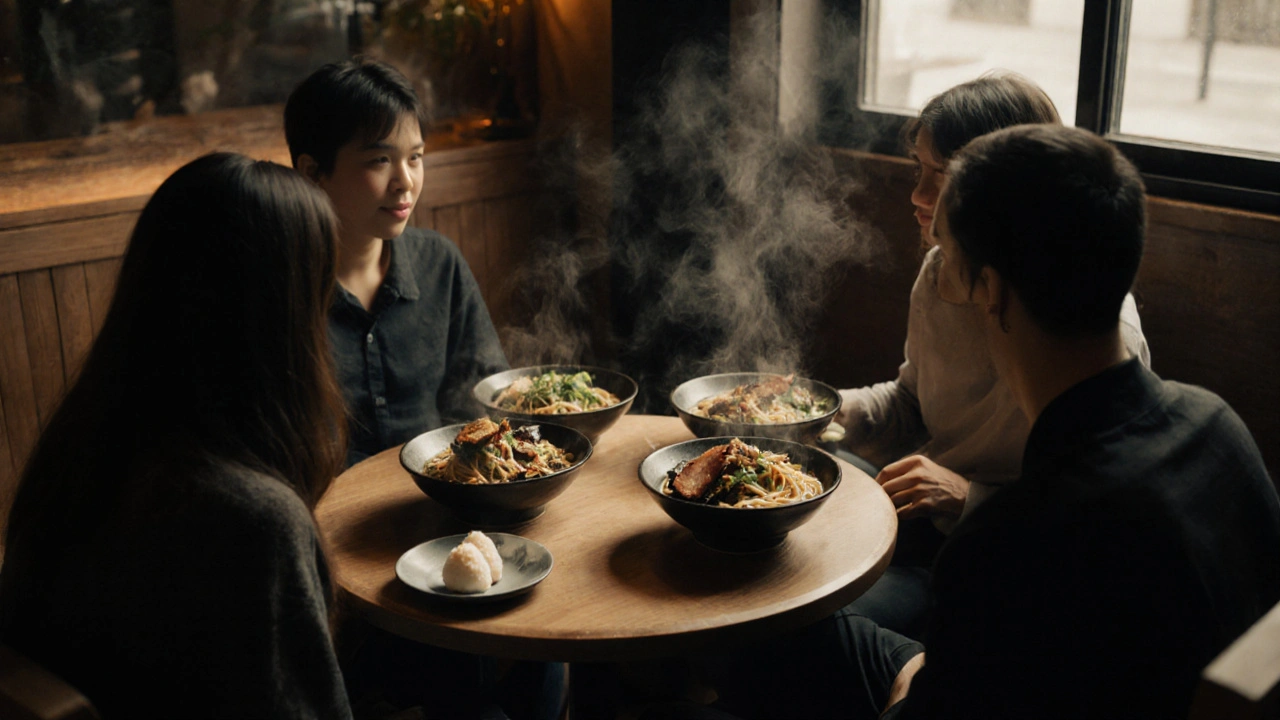Four people enjoying steaming soba noodle bowls with pork belly and pickled vegetables in a quiet Japanese eatery.