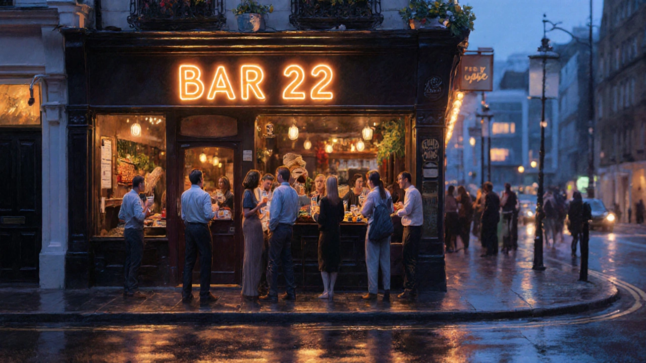 Friends sharing free snacks and cocktails at a cozy Fitzrovia bar during happy hour.