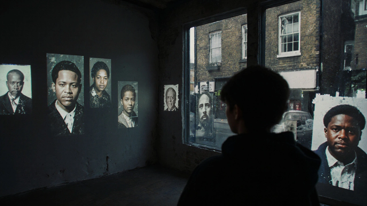 Glitchy AI portraits of East London residents are projected on brick walls, reflected in a teenager&#039;s face.