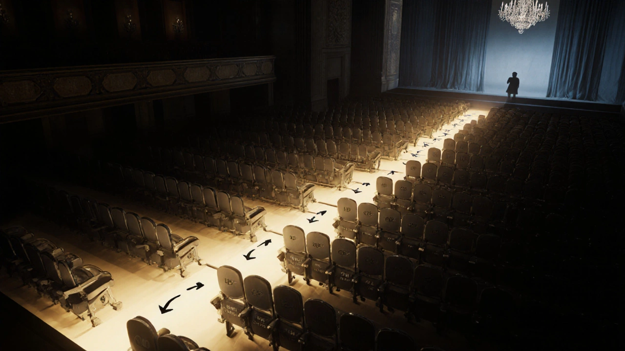 Glowing seat map showing optimal viewing zones in gold, with dimmed poor-view seats in gray.