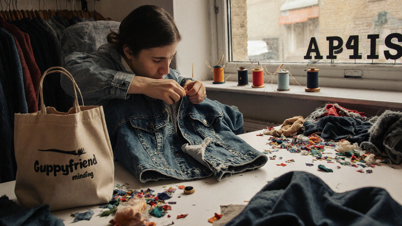 Hands repairing a denim jacket at a community mending workshop in Hackney, with secondhand clothes and a microplastic-catching bag nearby.