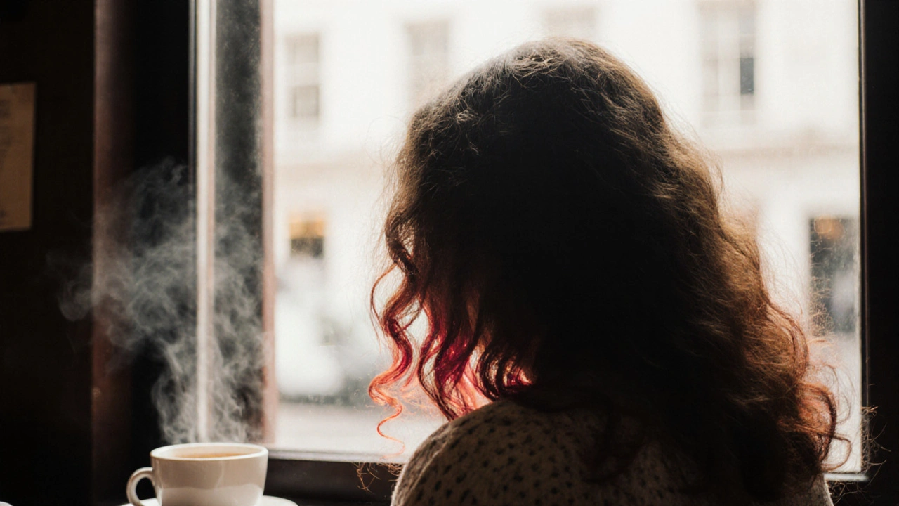 Hidden red highlights in curly brunette hair illuminated by sunlight through a café window.