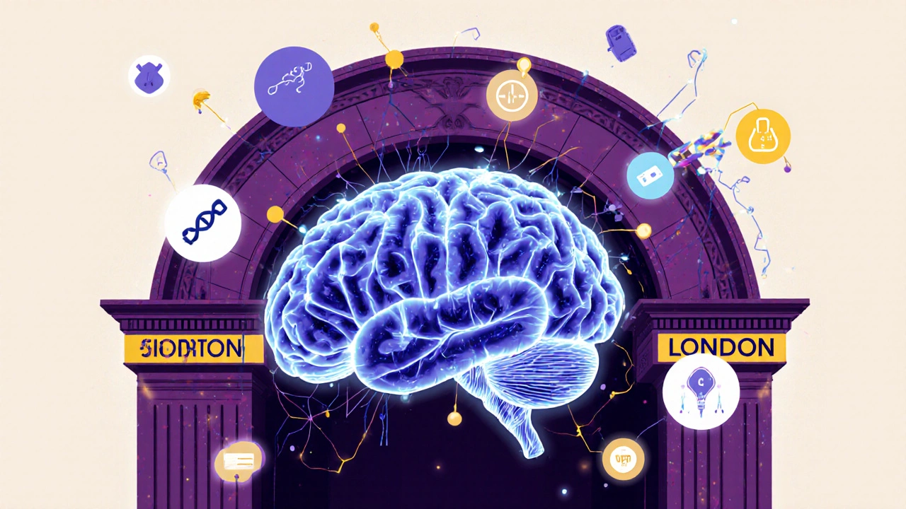 Human brain overlaid with digital health icons, emerging from a London Underground entrance.