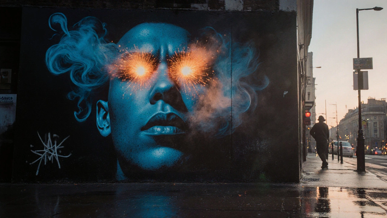 Hybrid street art: a stencil face with glowing freehand eyes and smoke, glowing against a twilight London wall.