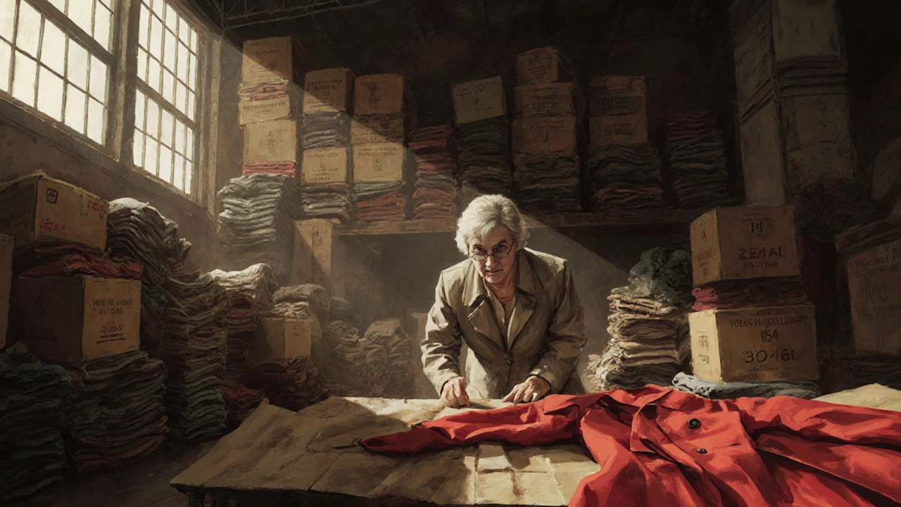 Inside a cluttered vintage warehouse with stacked boxes and a woman examining a classic trench coat.