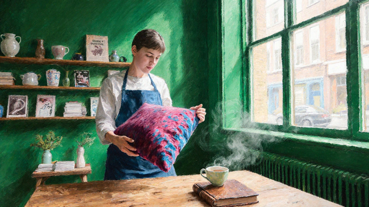 Interior of House of Hackney with green walls and hand-dyed velvet cushions under soft natural light.