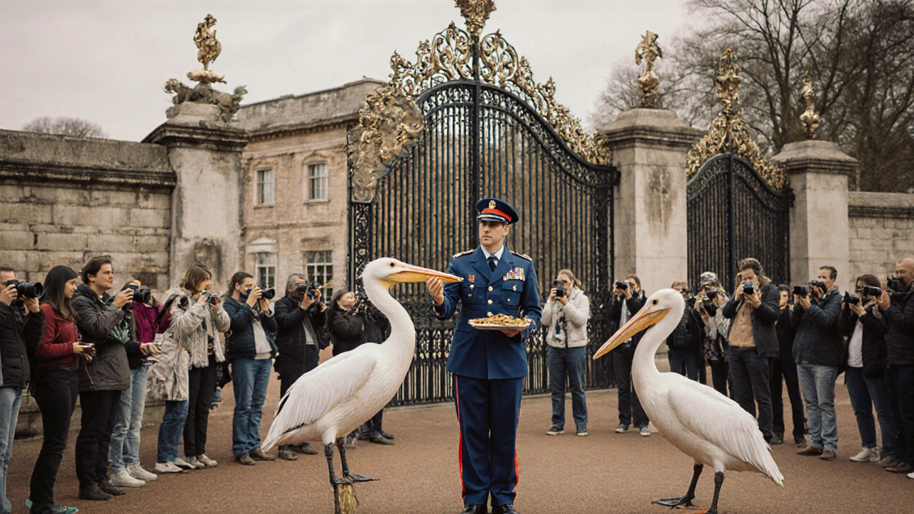Keeper in blue uniform feeding pelicans at St James’s Park, tourists taking photos as palace gates loom behind.