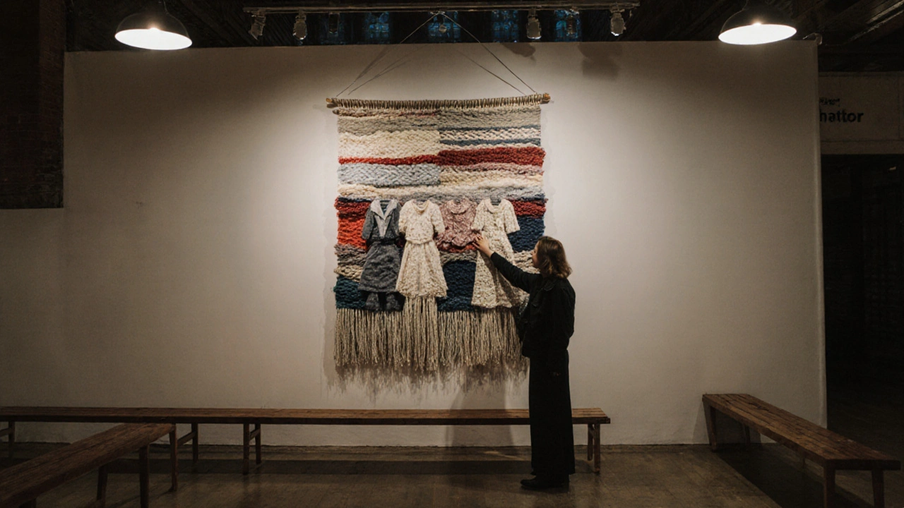 Large woven tapestry made from recycled clothing threads displayed in a quiet underground station.