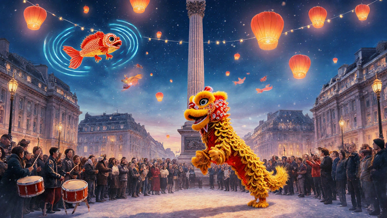 Lion dancers performing in Trafalgar Square under twilight, surrounded by cheering crowds and floating carp lanterns.