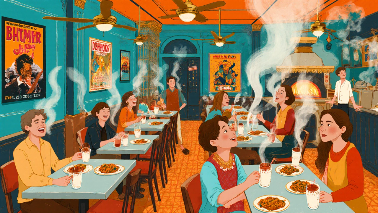 Lively Indian-inspired café with brass decor, fans, and patrons enjoying chai and curries at Dishoom.