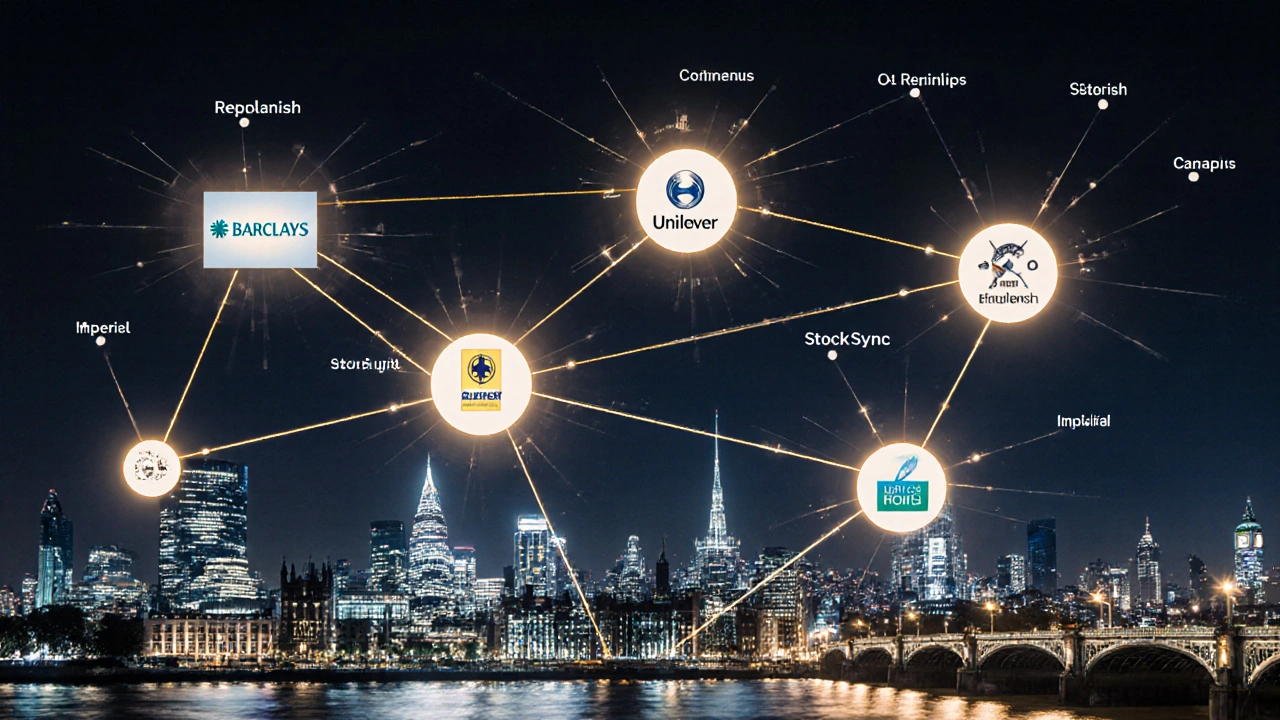 London as a neural network connecting corporations, startups, universities, and regulatory hubs with glowing data streams.