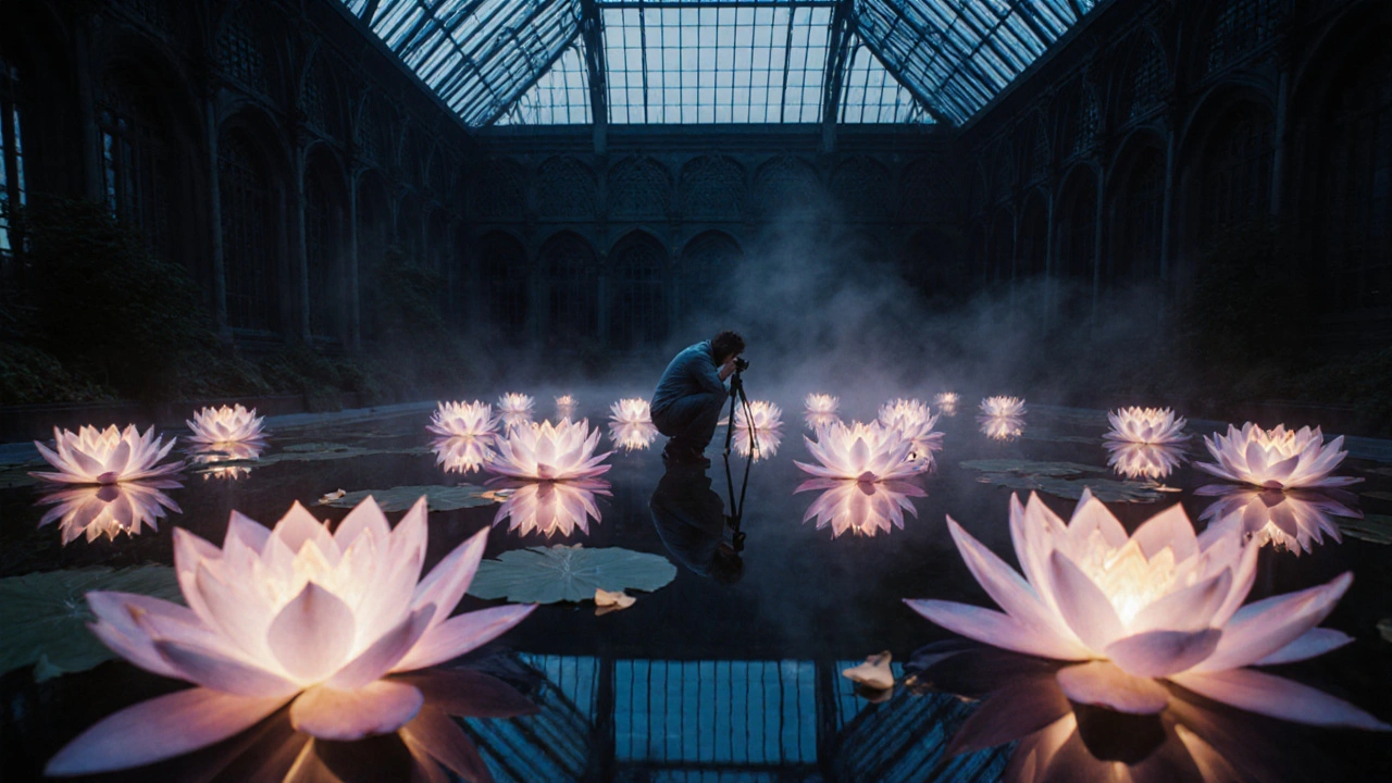 Lotus lanterns float above reflective water inside the Waterlily House at night.