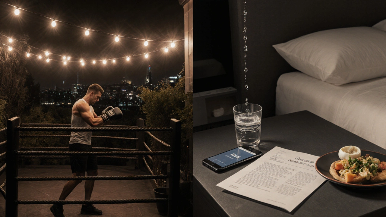 Luxury fitness lifestyle: a home boxing ring and bedside health monitor connected by falling sweat droplets, symbolizing precision training and recovery.