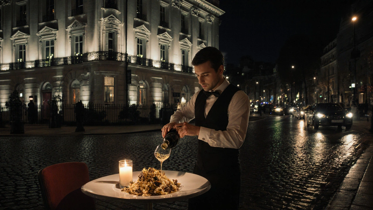Luxury hotel and Michelin-starred restaurant in Mayfair at night, candlelit table with gold-leafed risotto under soft lighting.