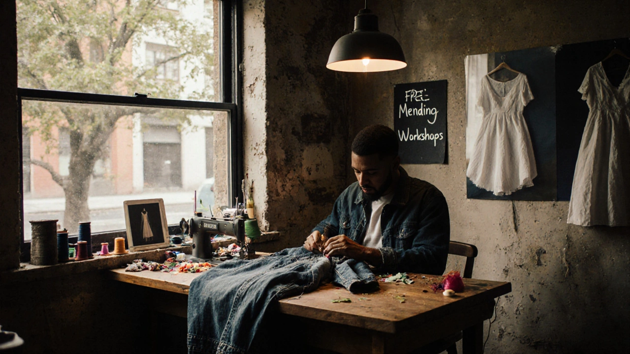Man sewing a denim jacket in a small repair shop with fabric scraps and mended clothes around him.
