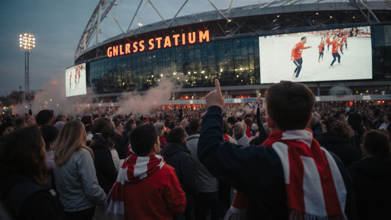 Match day crowd in red and white scarves outside Emirates Stadium at dusk.