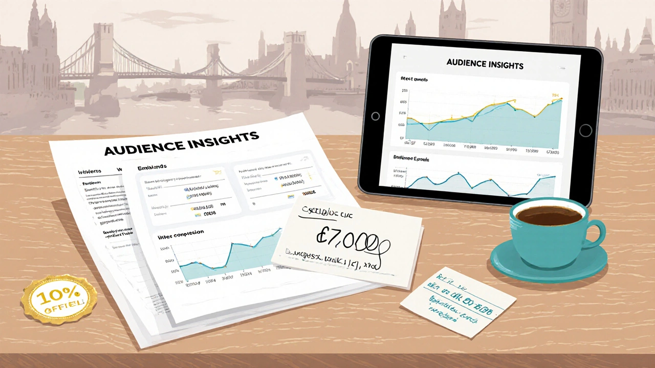 Media kit on wooden desk with analytics, discount code, and coffee cup, symbolizing data-driven influencer value.