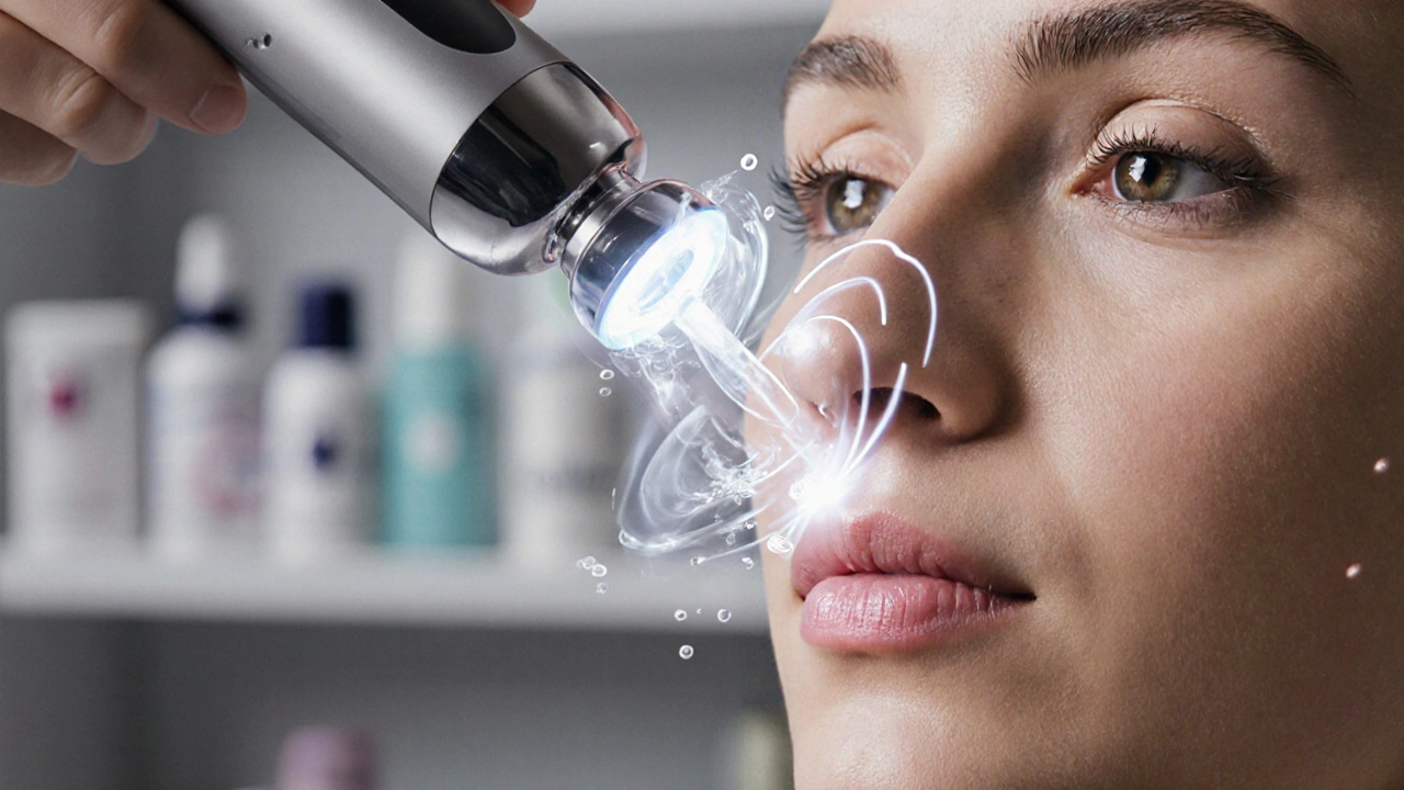 Medical-grade Hydrafacial device hovering above skin, with swirling serum and extracted impurities visible.