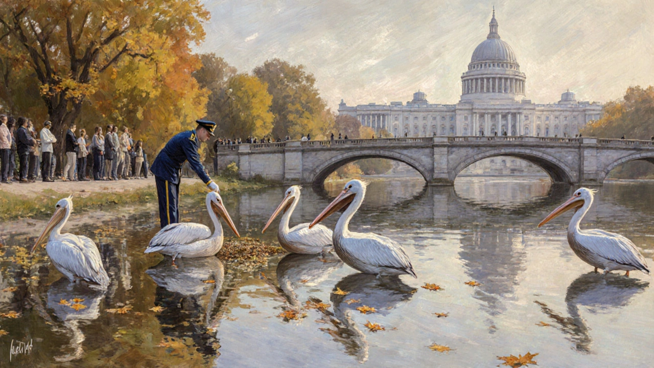 Pelicans being fed by park staff at 11 a.m. with visitors watching quietly by the lake.