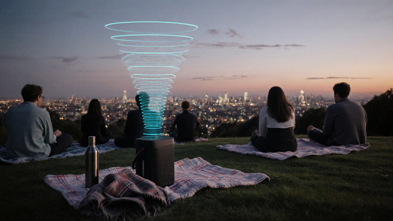 People relaxing on Primrose Hill at dusk with city lights below and music felt in the air.