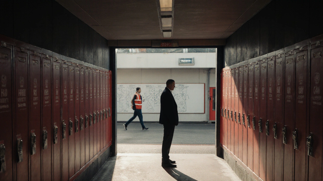Players&#039; tunnel at Emirates Stadium with labeled lockers and tactical whiteboard visible.
