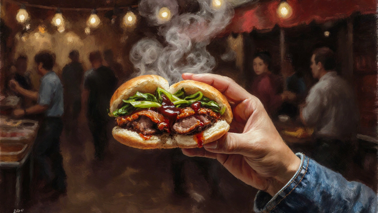 Pork belly bao being served with glossy sauce and pickled greens, steam rising from the bun.