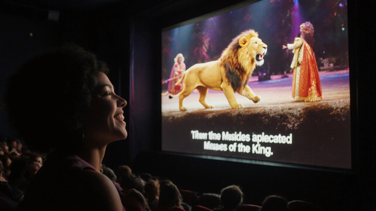 Real-time captions appear on a screen during The Lion King musical, watched by a smiling audience member.