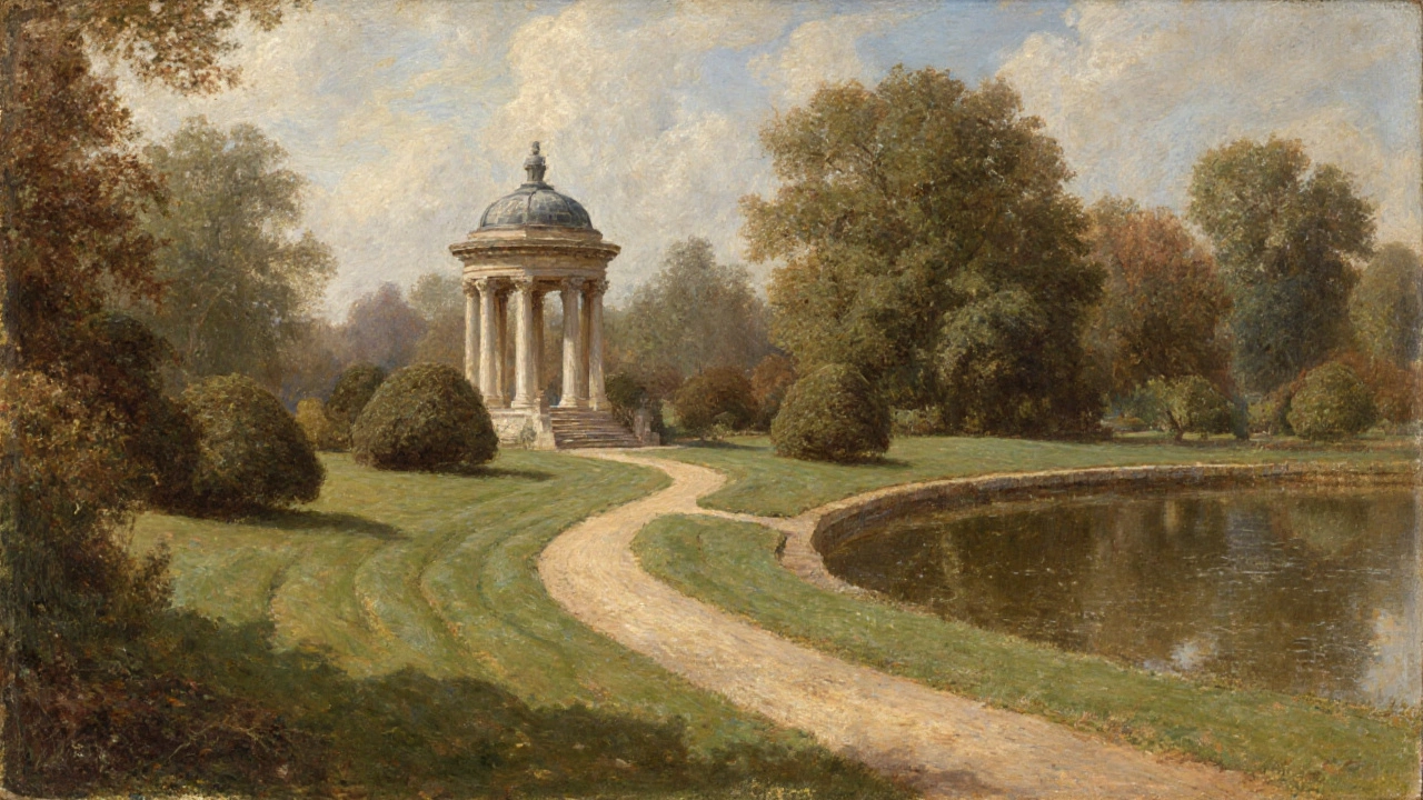 Rolling lawns and classical folly at Chiswick House Gardens, designed in the English landscape style.