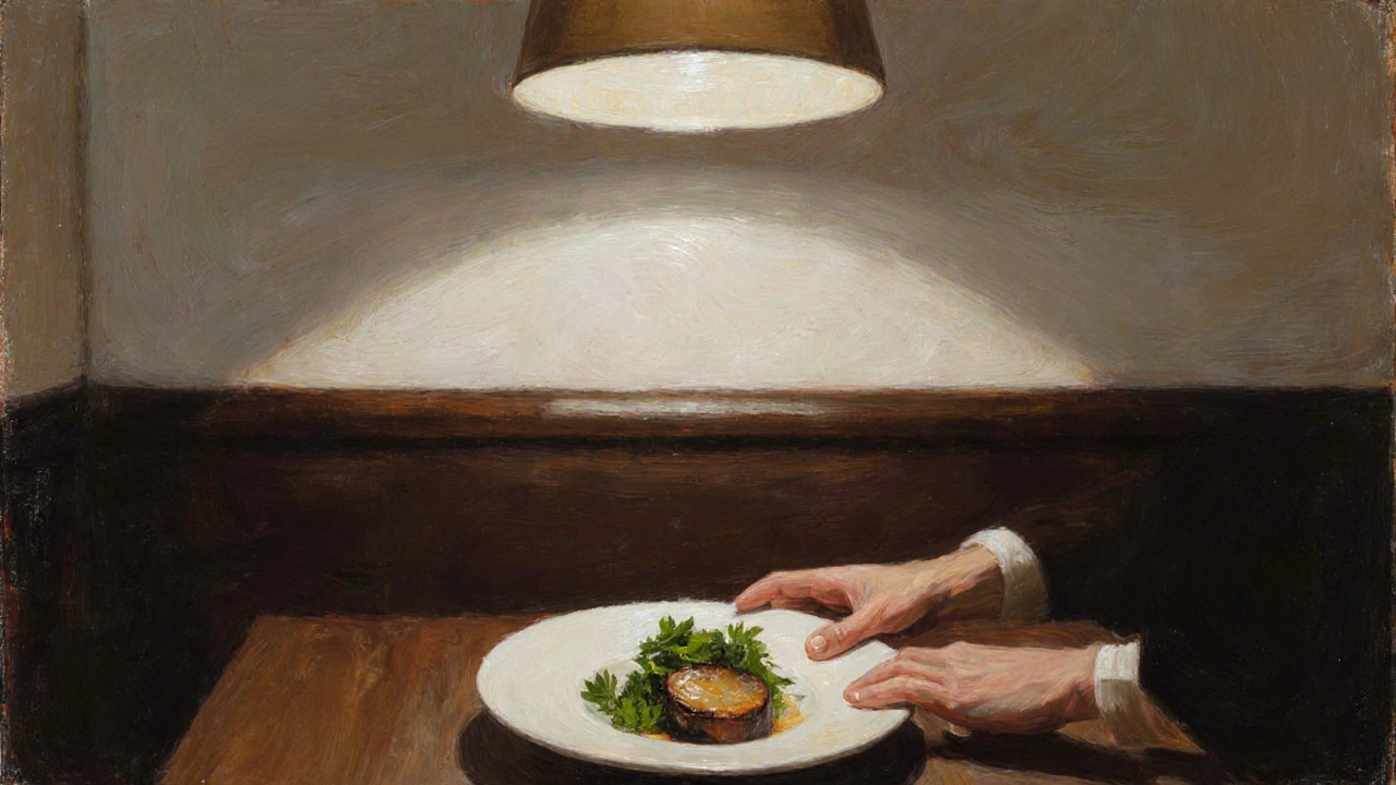 Simple wooden table with roasted bone marrow and parsley salad under soft light at St. John.