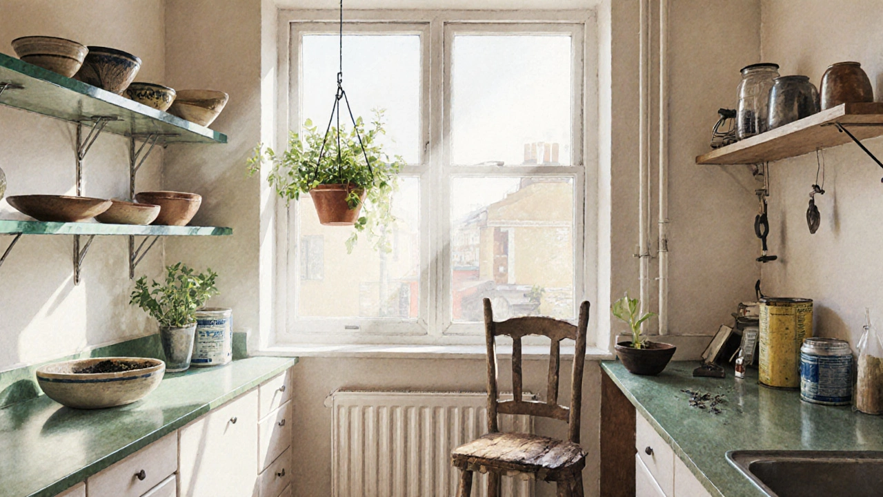 Small London kitchen with recycled glass counters, handmade ceramics, and a hanging herb garden under natural light.