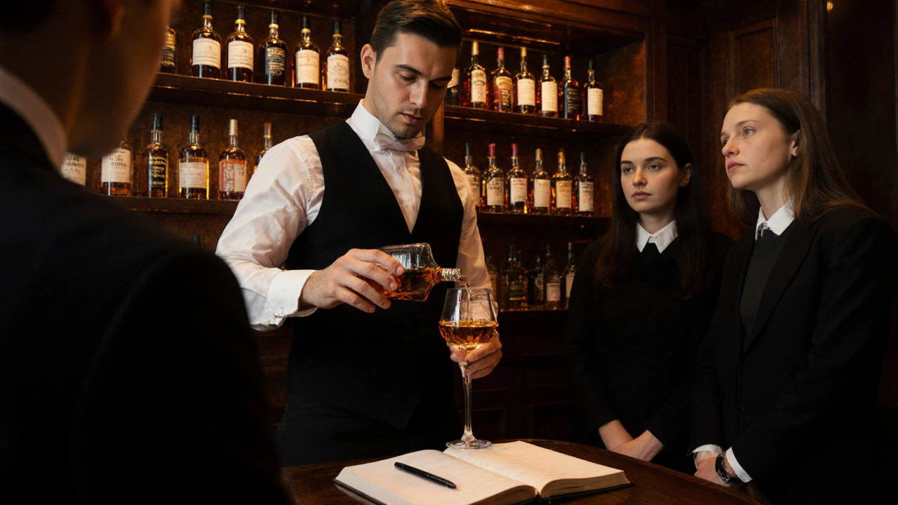 Sommelier pouring Scotch in a luxury hotel tasting room with spirit bottles behind