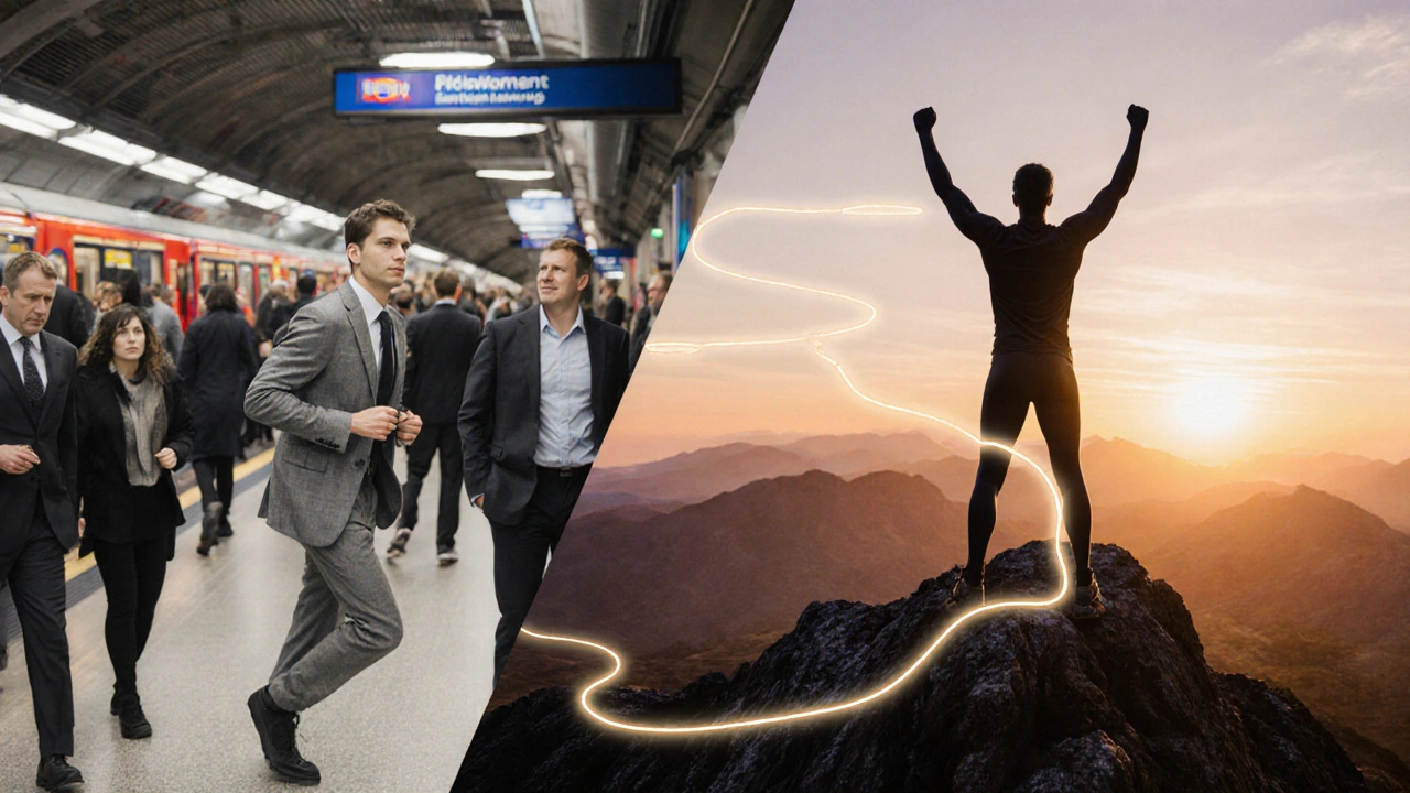 Split image of a commuter transforming into a revitalized hiker atop Snowdonia at sunset.