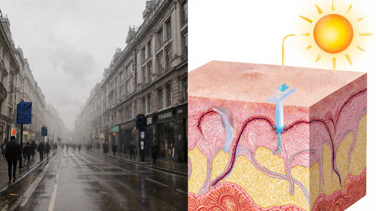 Split image showing polluted London streets on one side and healthy skin with active ingredients rebuilding collagen on the other.