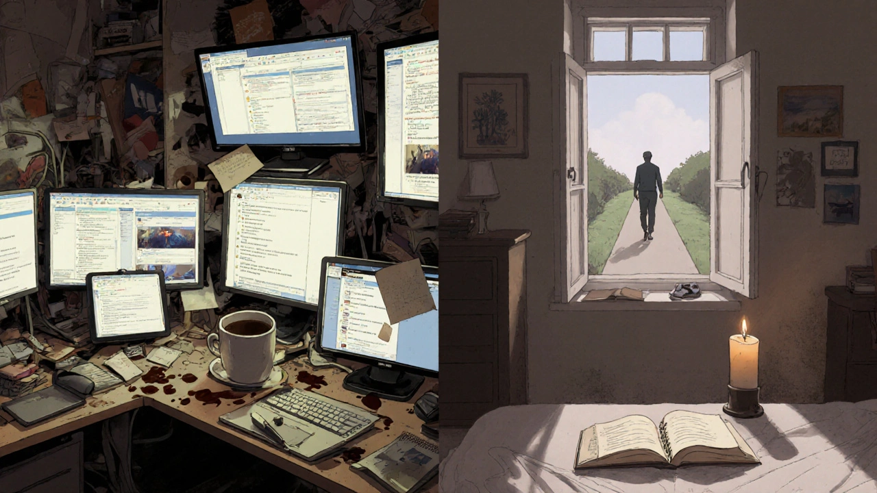 Split scene showing a chaotic studio on one side and a peaceful, clean space on the other, representing digital burnout and recovery.
