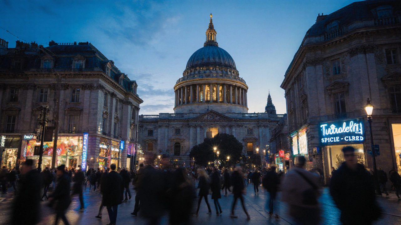 St. Paul’s Cathedral at dusk viewed through a 24mm lens with blurred pedestrians and glowing neon signs.