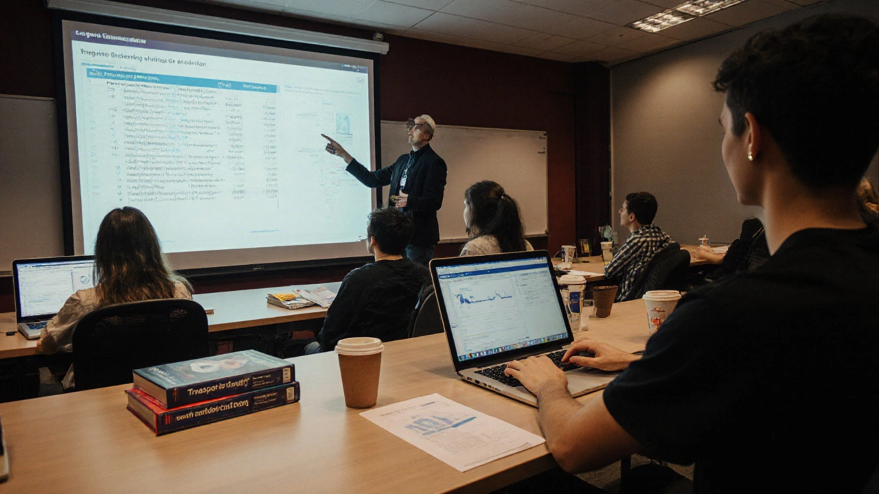 Students learning data analytics with real Transport for London data in a classroom.
