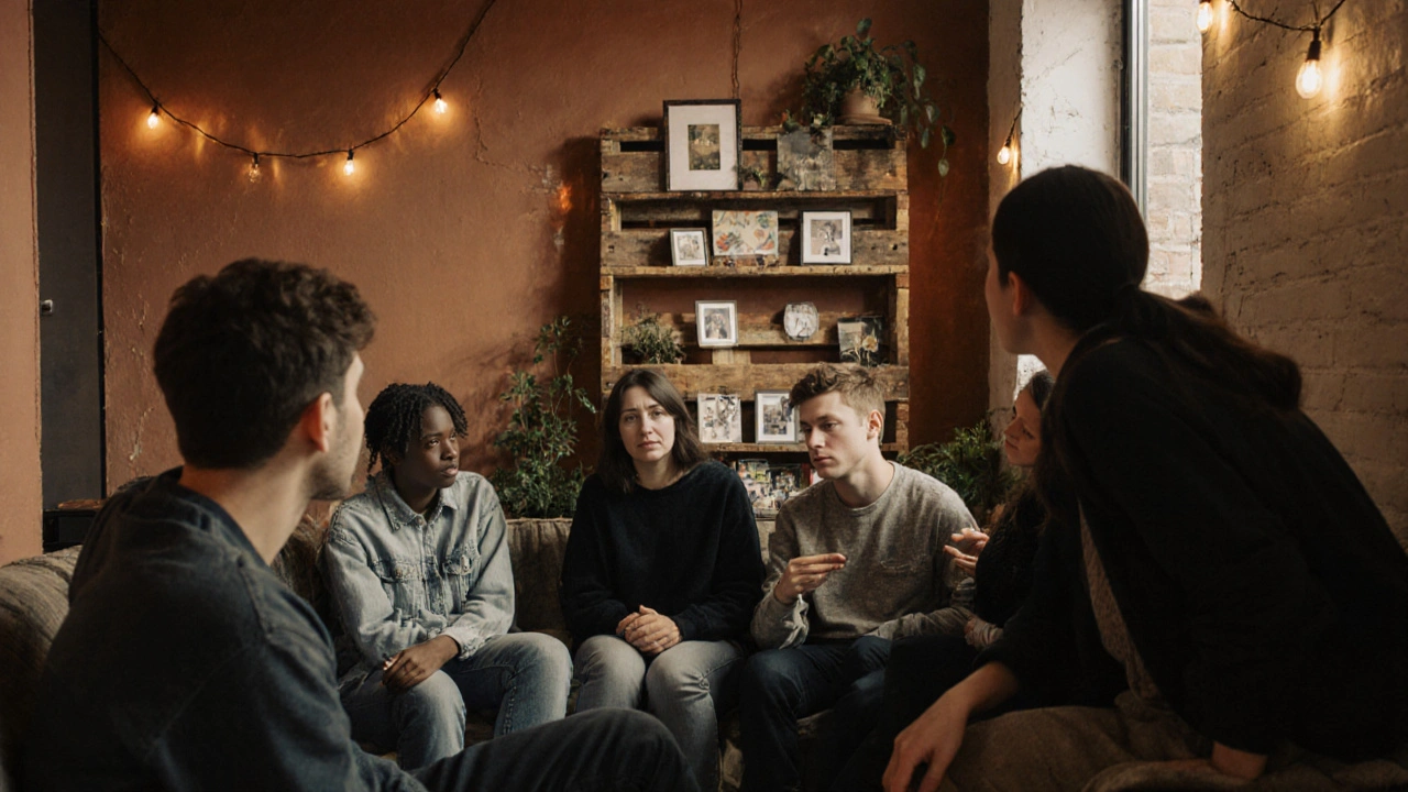 Students listening to a homeowner in a Shoreditch flat, learning how to use removable decor in a narrow hallway.